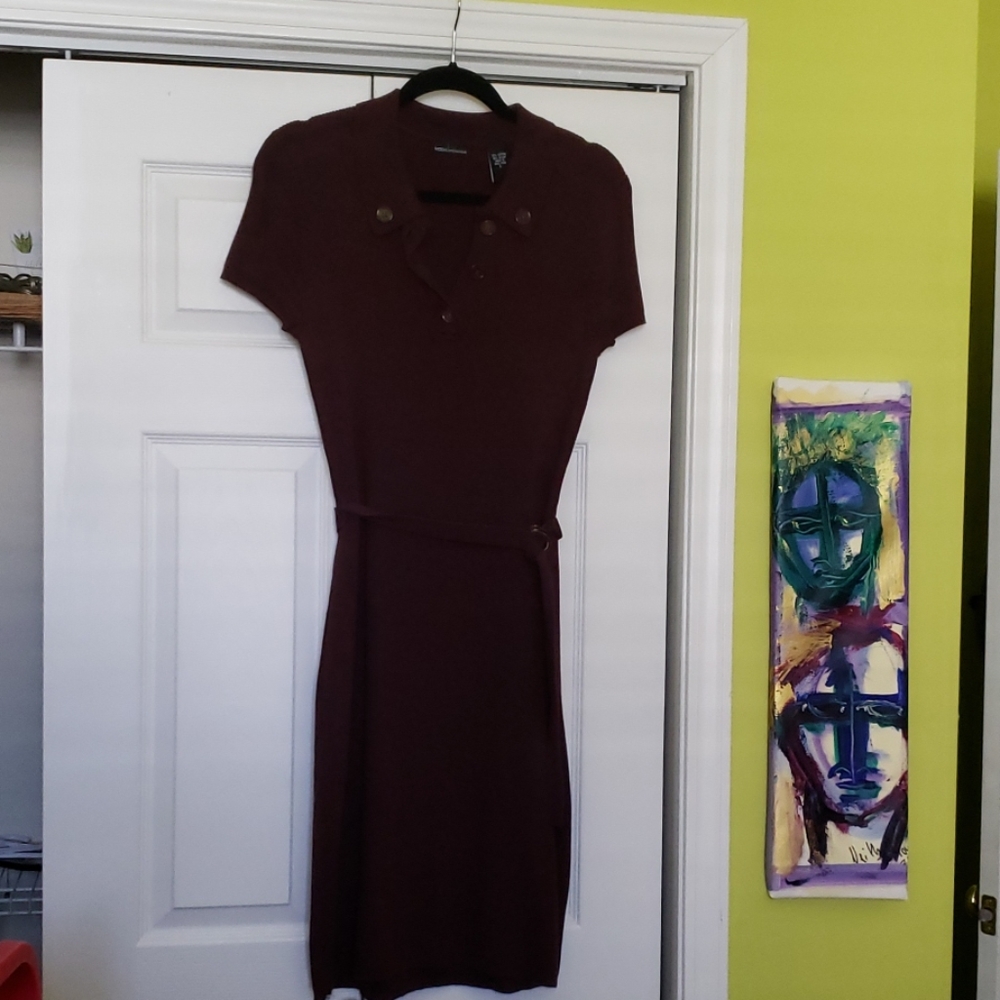 Burgundy Short-Sleeve Long Dress w/belt